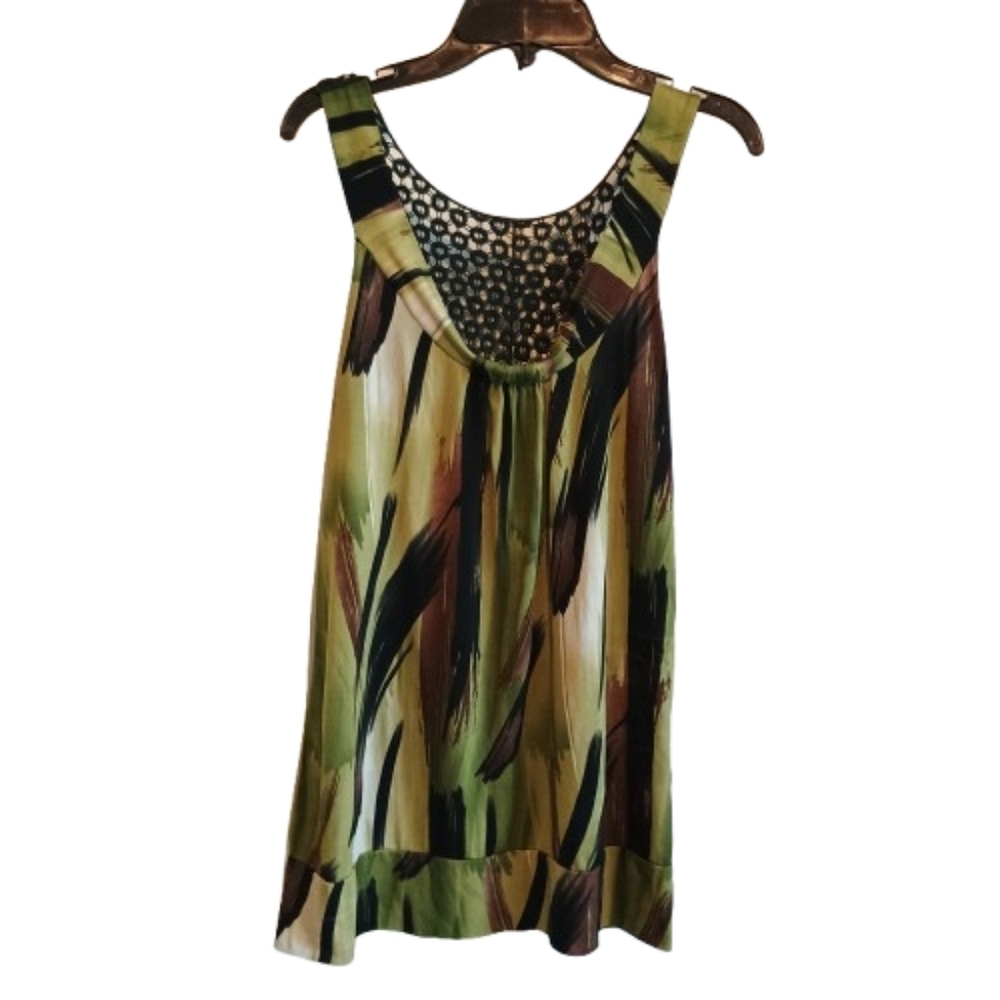 Agenda‎ Sleeveless Top Green Abstract Print Crochet Yoke Boho Festival S (Est.)